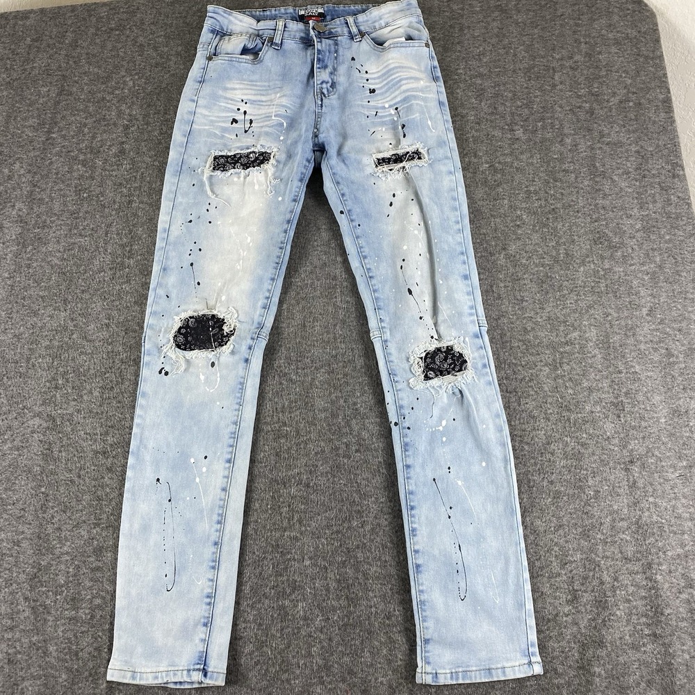 Rock Salt Men's Jeans Sz 32 Light Wash Distressed Paint Splatter Patchwork Denim